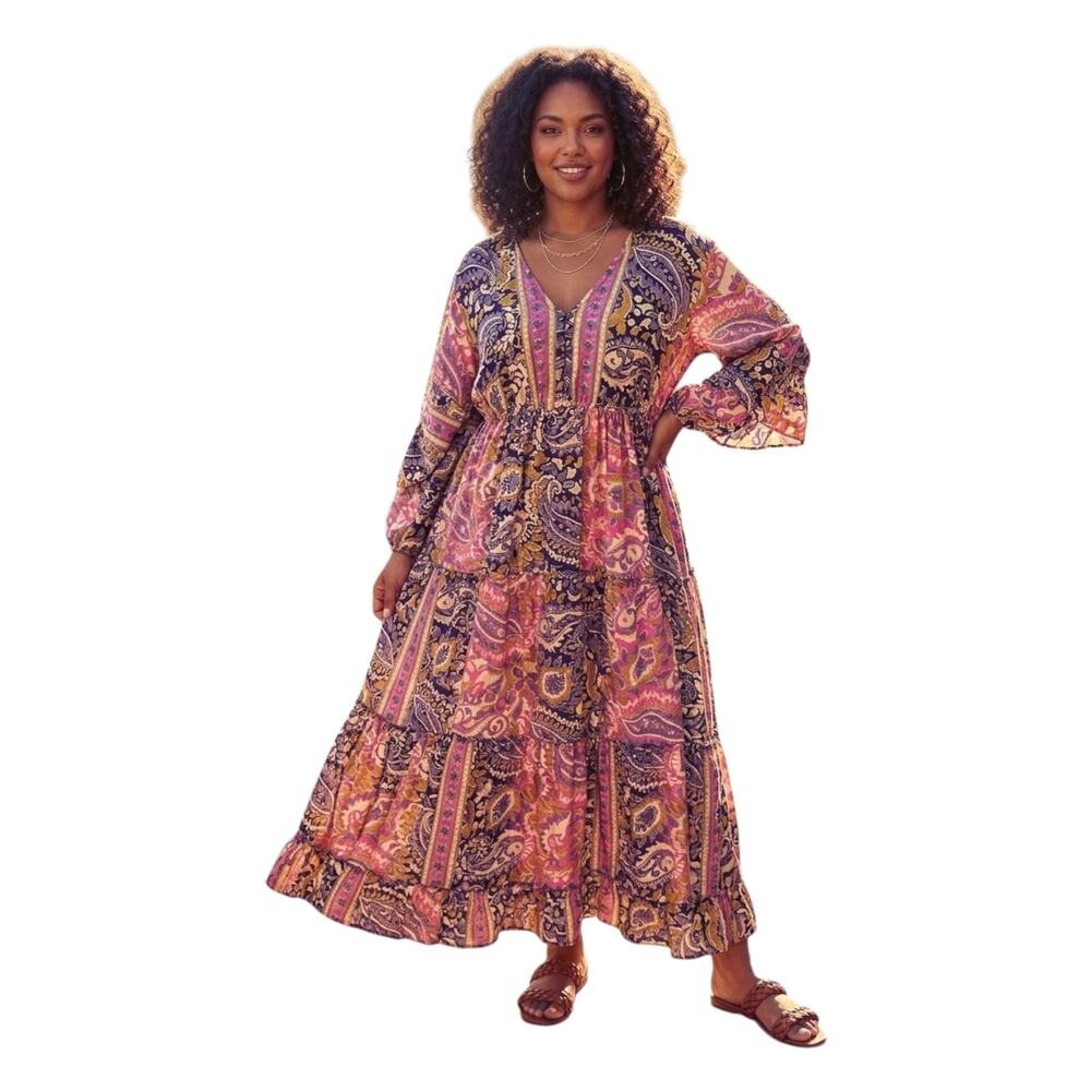 Me 2  Magic Anthropologie Style Boho Paisley Tiered Maxi Peasant Dress V-Neck 1X